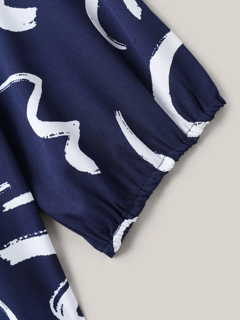Scribble Print Ruffled Split Neck Blouse
