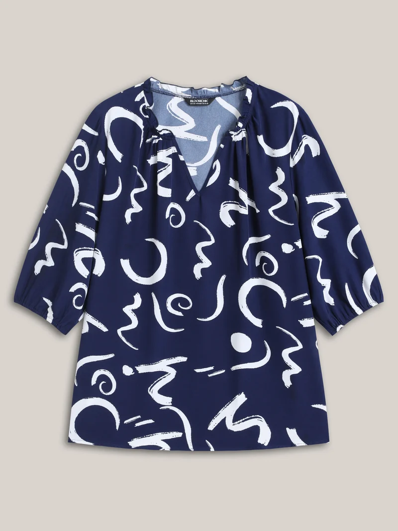 Scribble Print Ruffled Split Neck Blouse