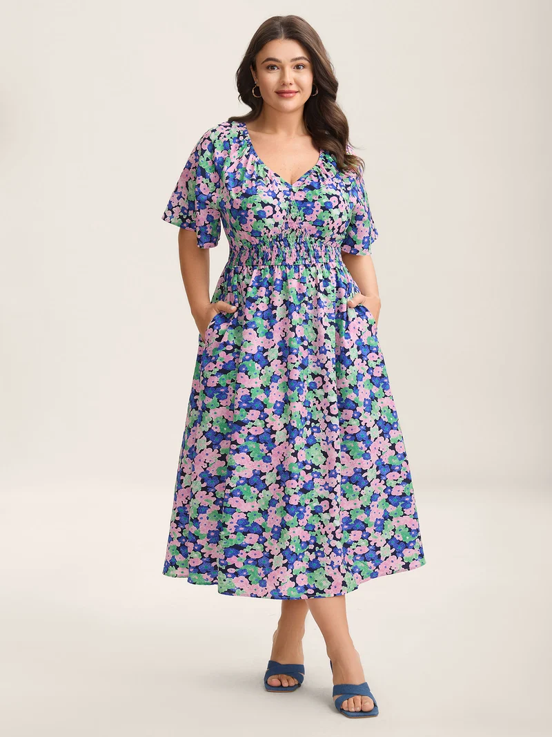 Floral Print Shirred Waist Midi Dress