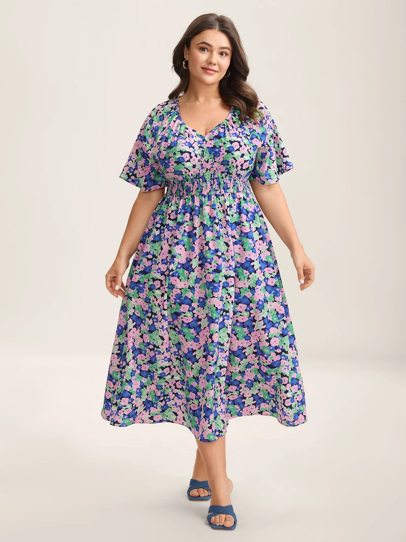 Floral Print Shirred Waist Midi Dress