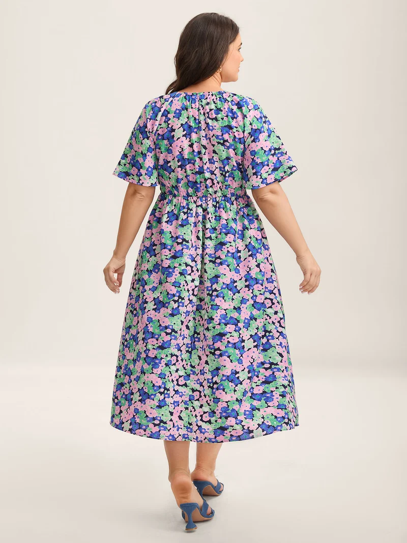 Floral Print Shirred Waist Midi Dress