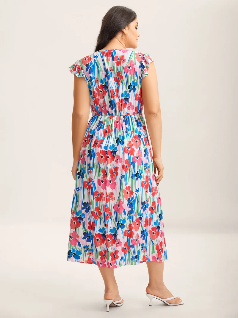 Rayon Floral Print Surplice Pockets Midi Dress