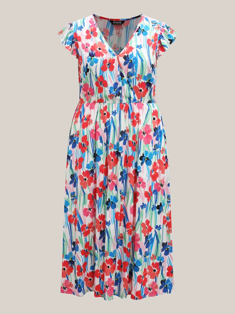 Rayon Floral Print Surplice Pockets Midi Dress
