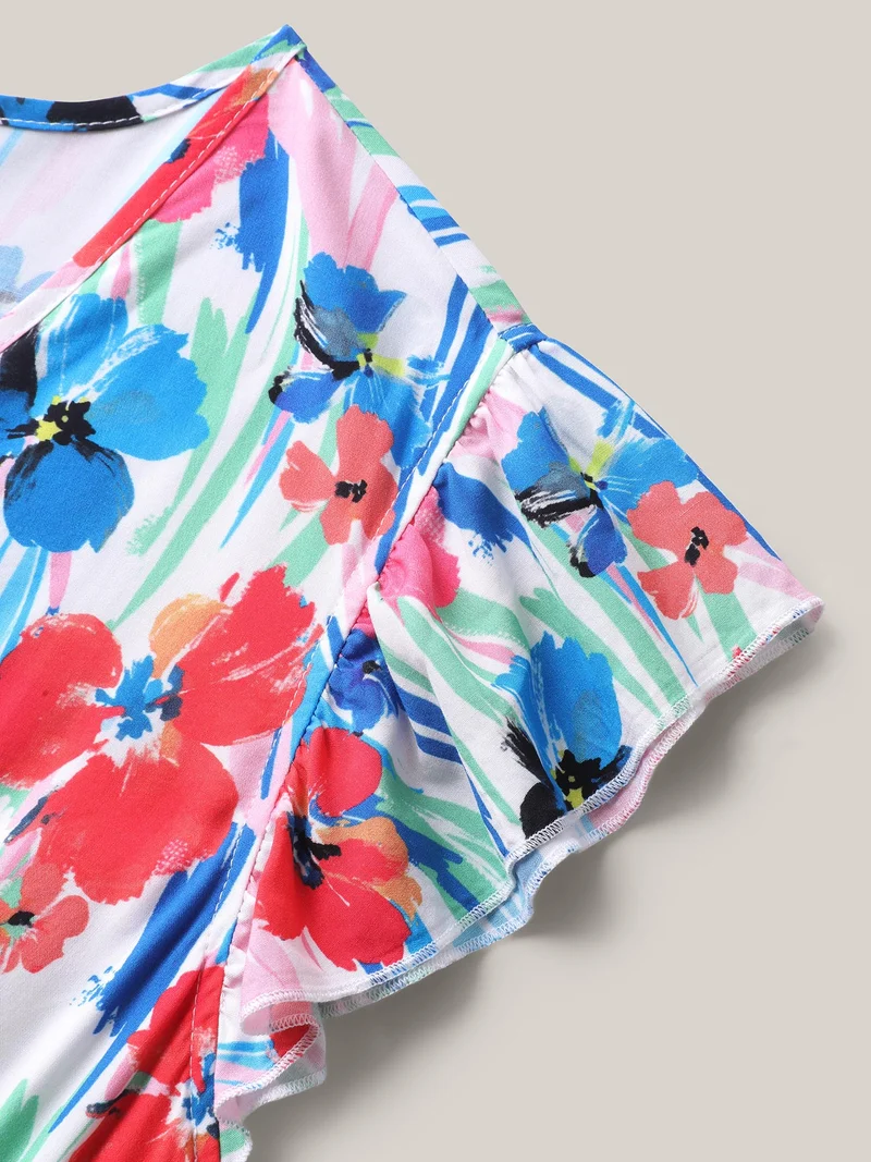 Rayon Floral Print Surplice Pockets Midi Dress