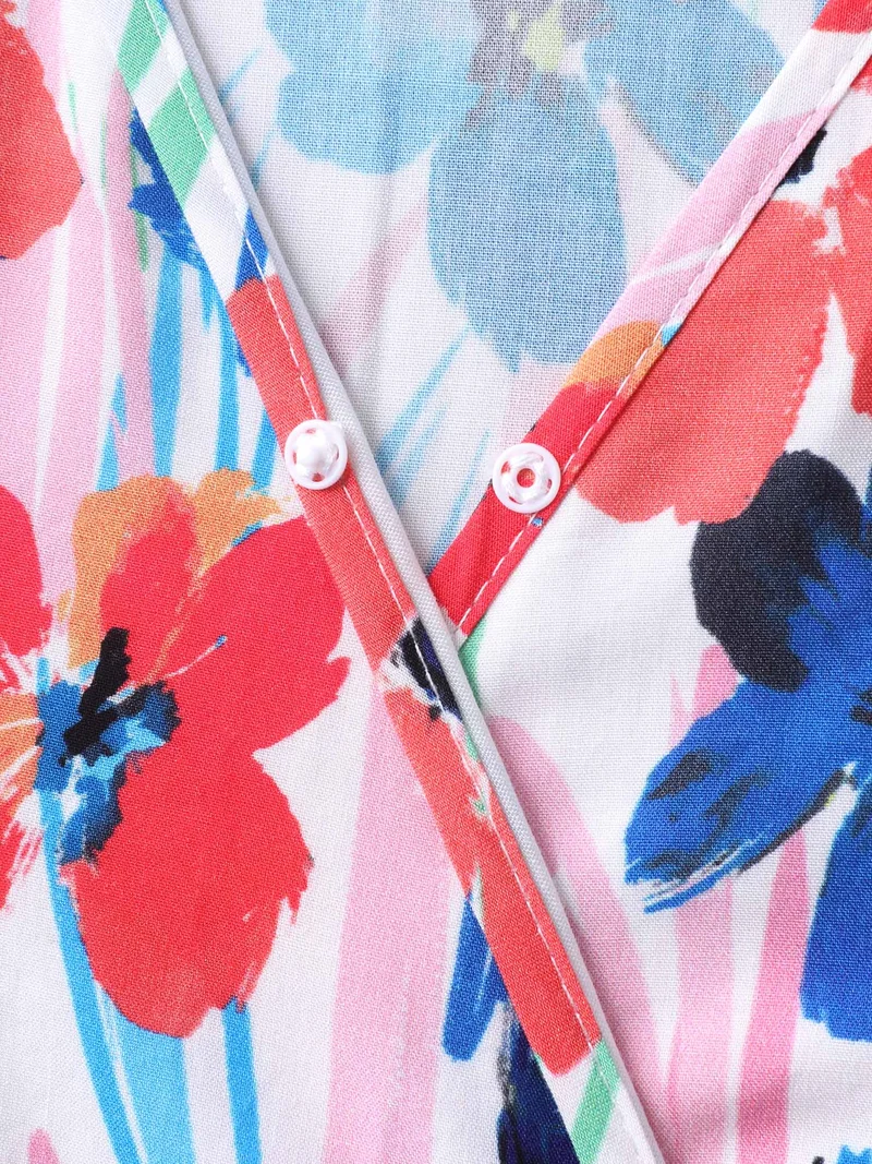 Rayon Floral Print Surplice Pockets Midi Dress