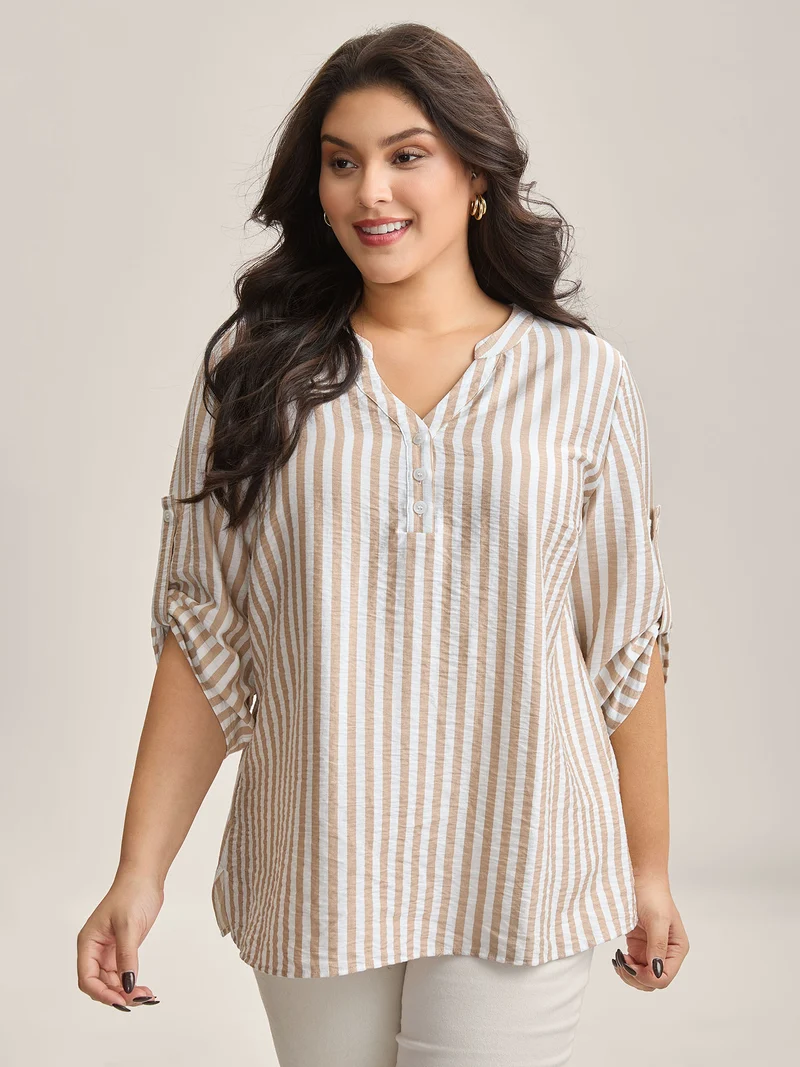 Stripe Print Tab Sleeve Notched Collar Blouse