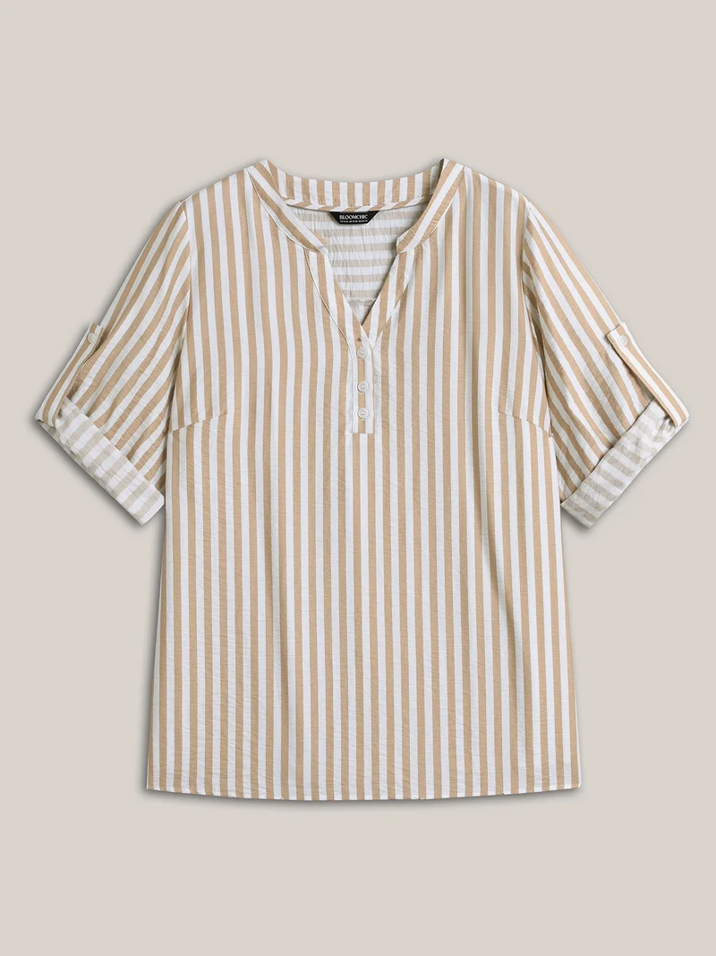 Stripe Print Tab Sleeve Notched Collar Blouse