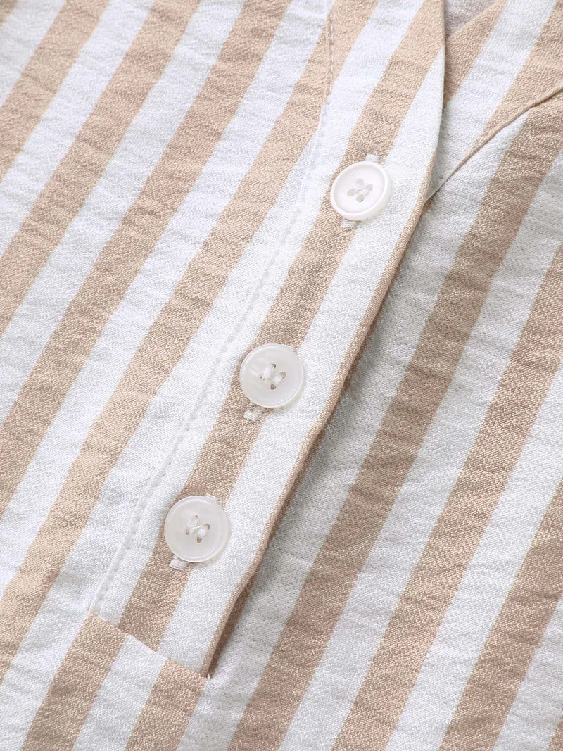 Stripe Print Tab Sleeve Notched Collar Blouse