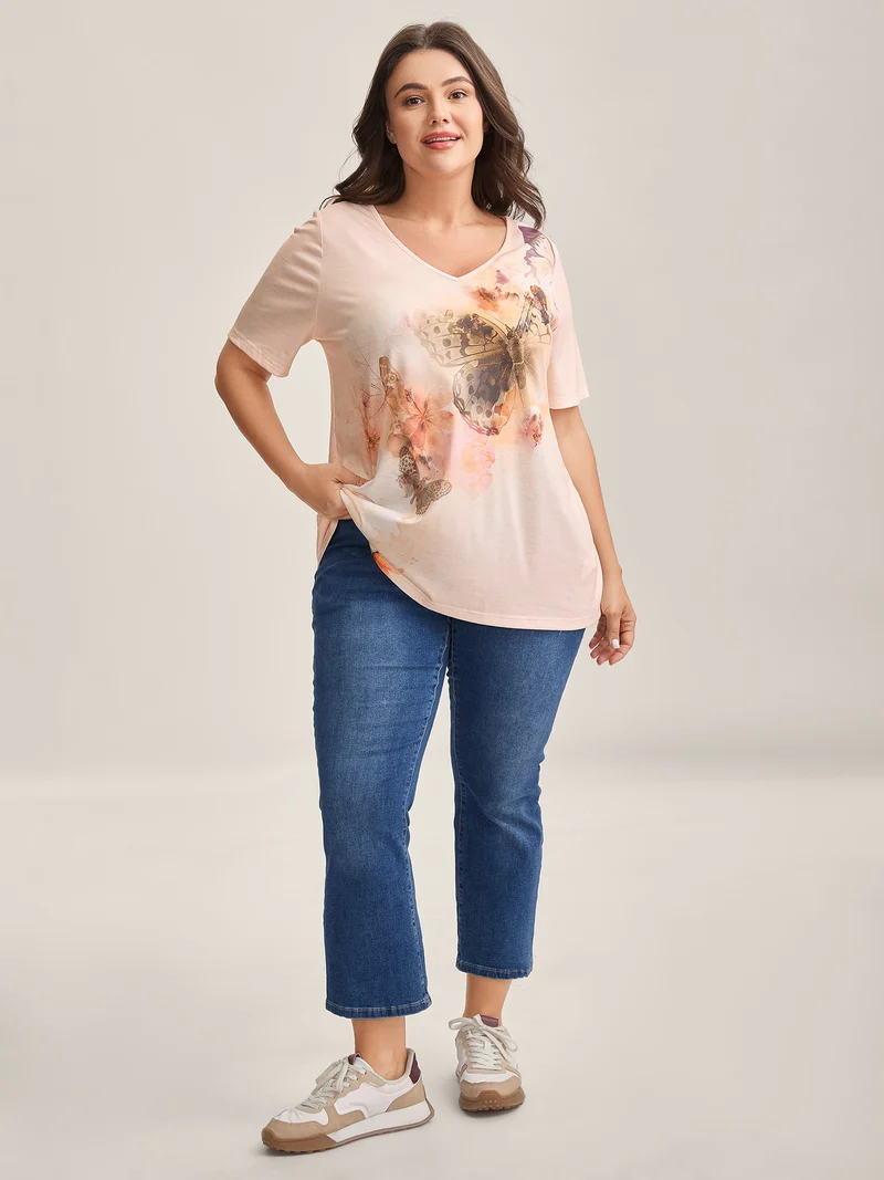 Stretchy Butterfly Print V Neck T-Shirt