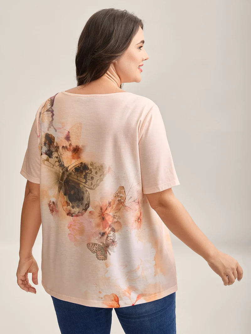 Stretchy Butterfly Print V Neck T-Shirt