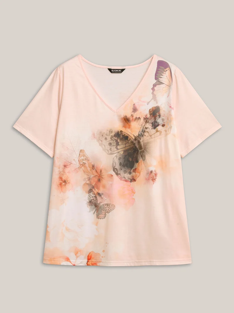 Stretchy Butterfly Print V Neck T-Shirt