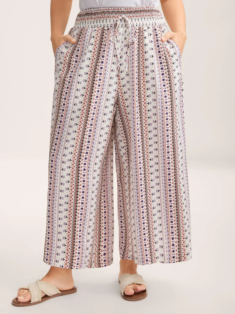 Shirred Waist Boho Wide-Leg Pants