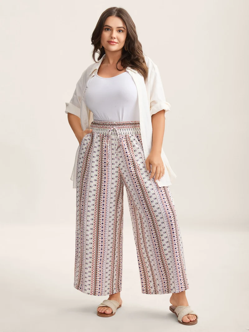 Shirred Waist Boho Wide-Leg Pants