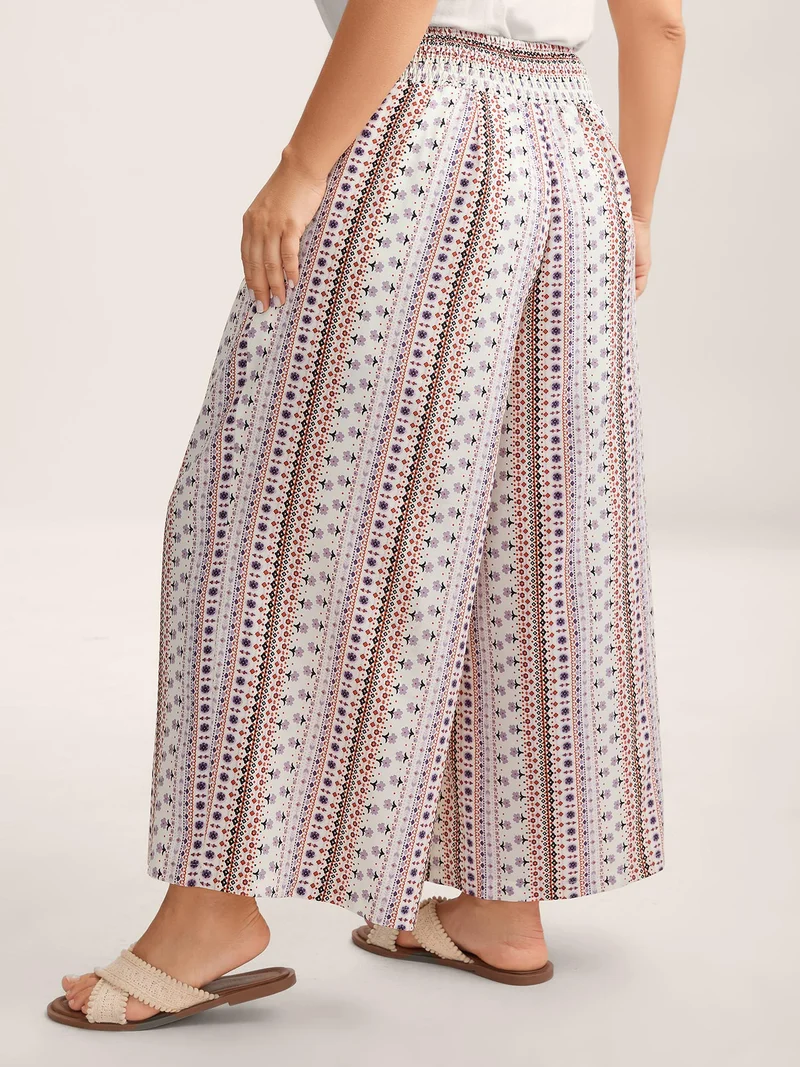Shirred Waist Boho Wide-Leg Pants