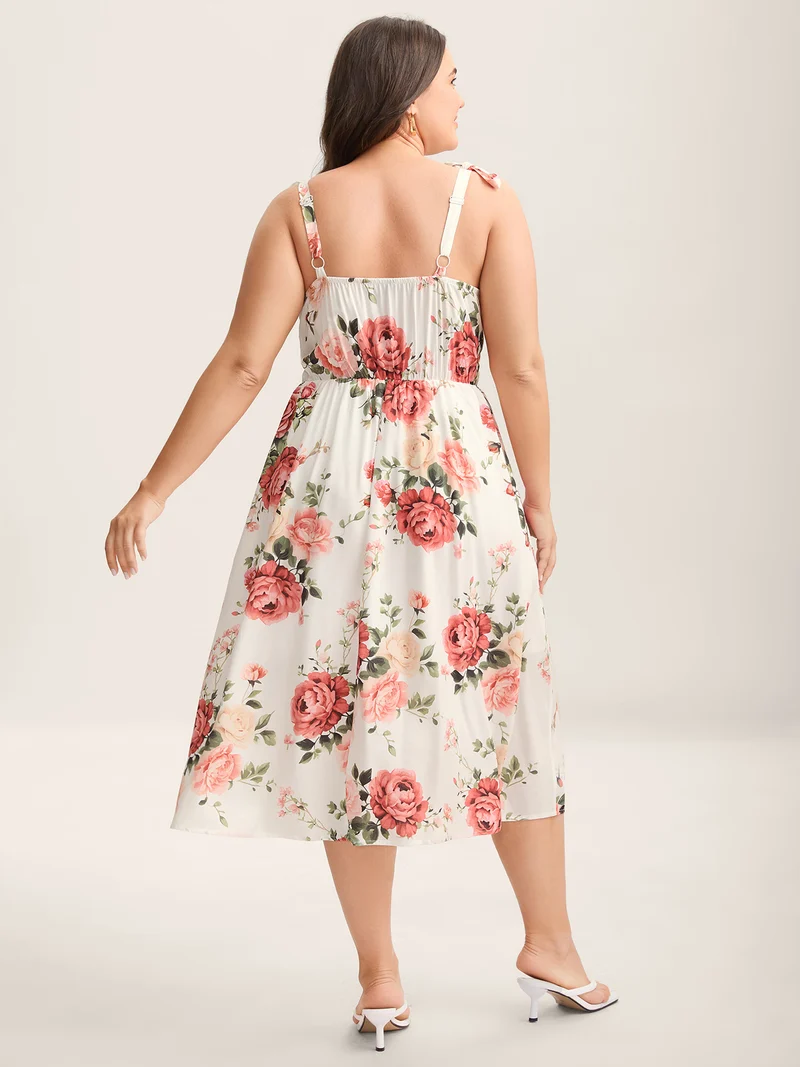 Rosy Print Bow Strap Pockets Midi Dress