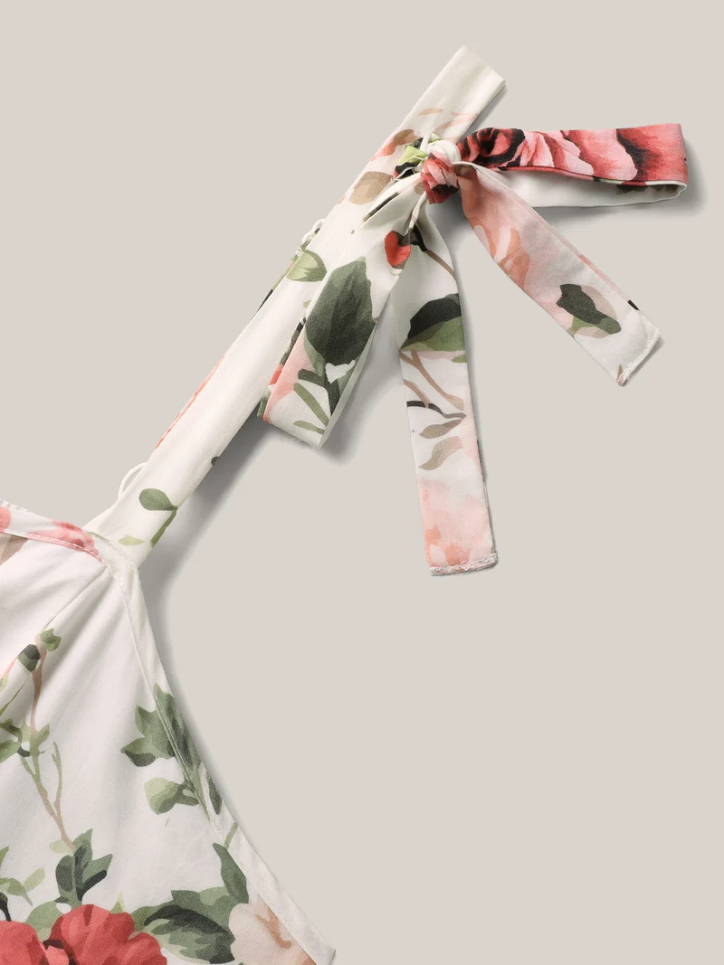 Rosy Print Bow Strap Pockets Midi Dress