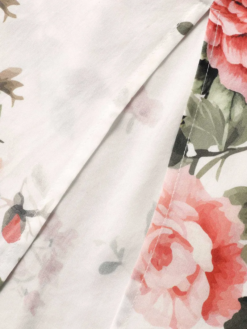 Rosy Print Bow Strap Pockets Midi Dress