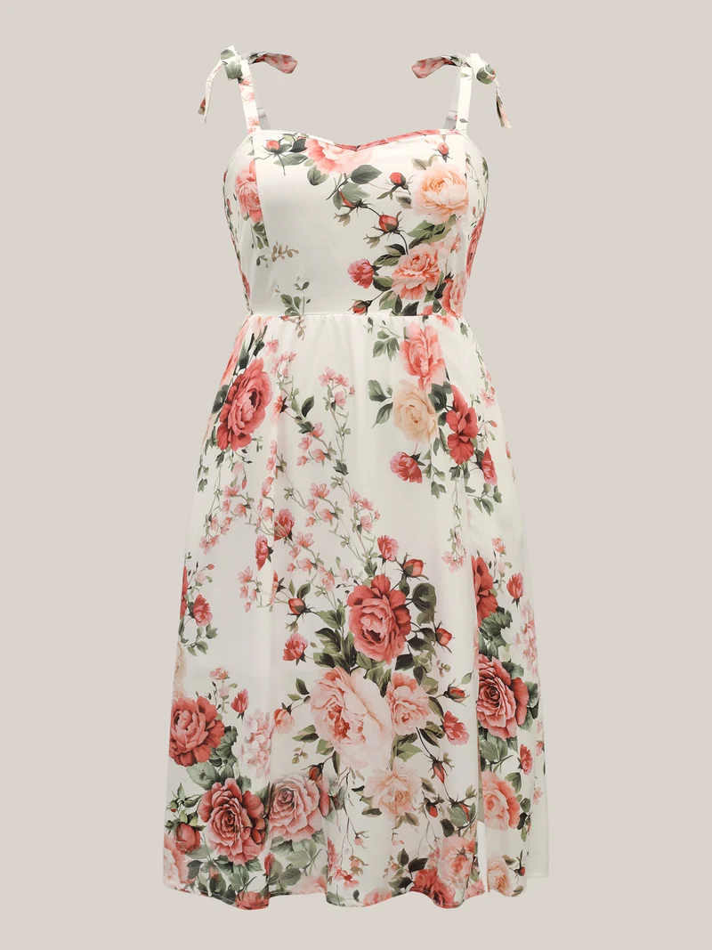 Rosy Print Bow Strap Pockets Midi Dress