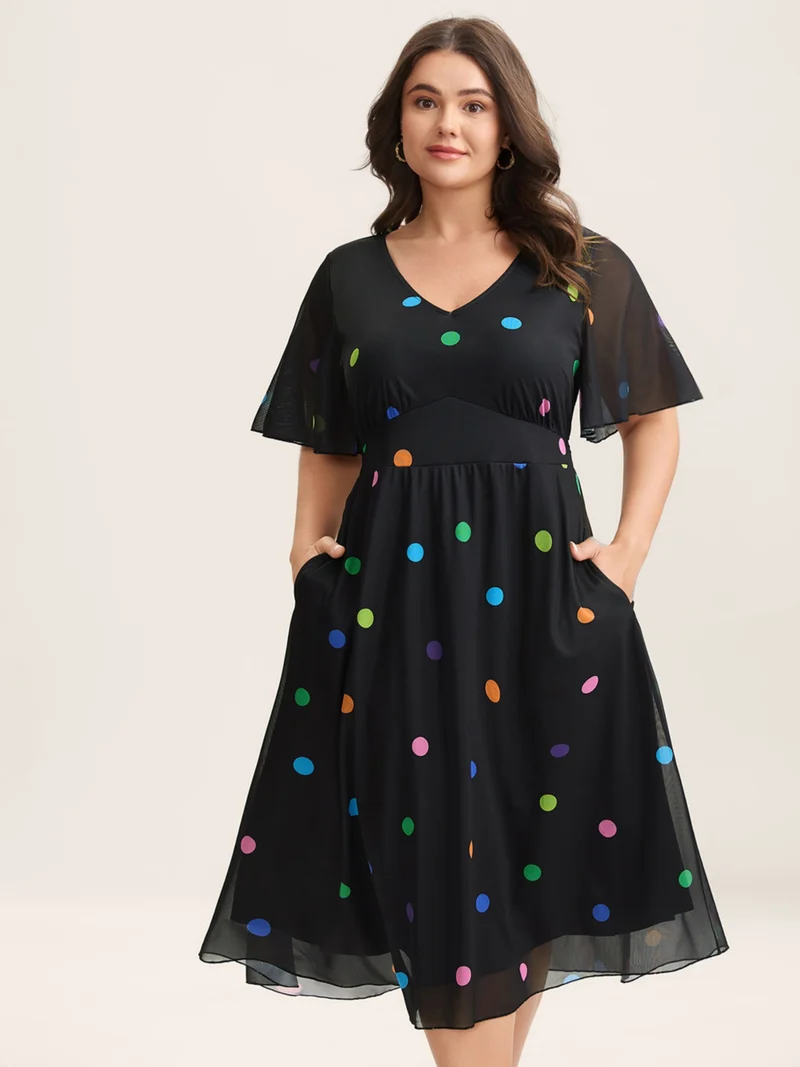 Super Stretchy Polka Dot Pockets Midi Dress