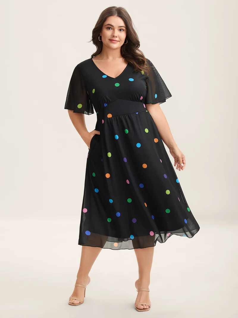 Super Stretchy Polka Dot Pockets Midi Dress