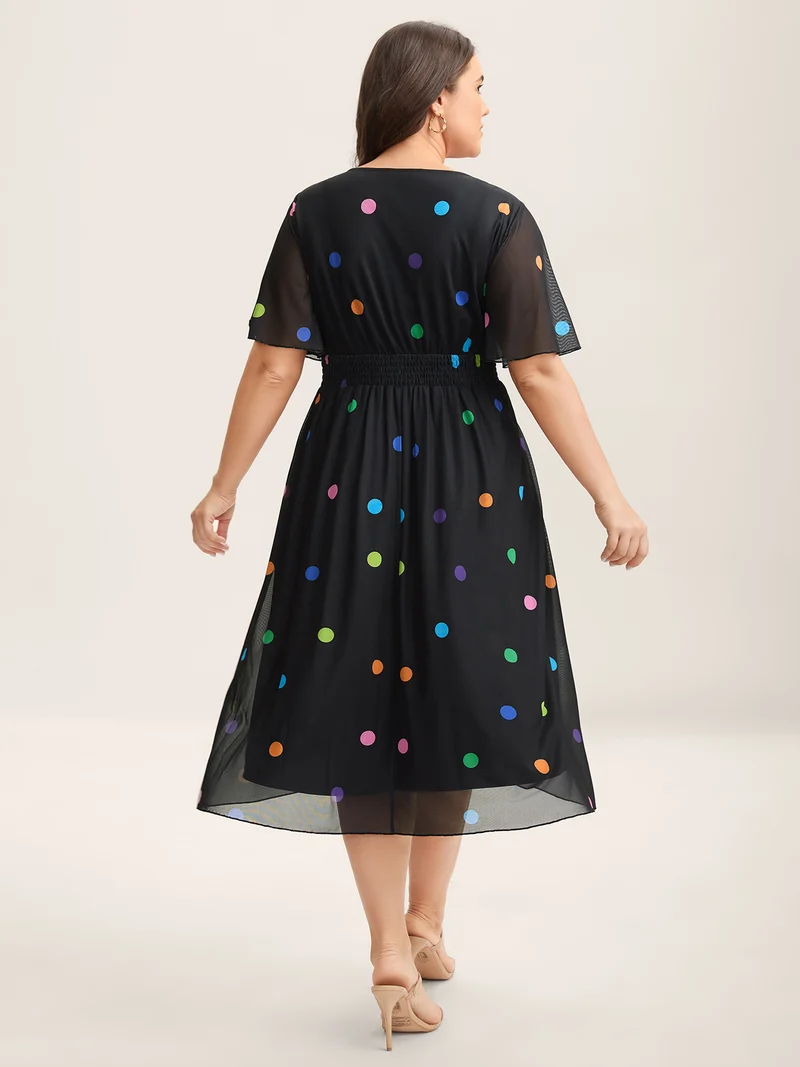 Super Stretchy Polka Dot Pockets Midi Dress