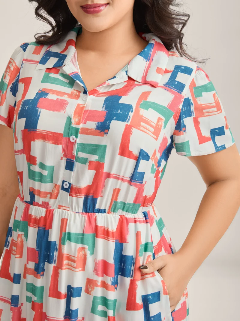 Color Puzzle Rayon Collar Midi Dress