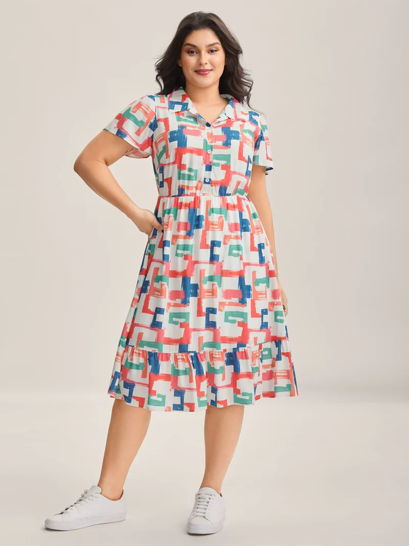 Color Puzzle Rayon Collar Midi Dress