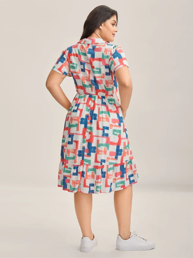 Color Puzzle Rayon Collar Midi Dress