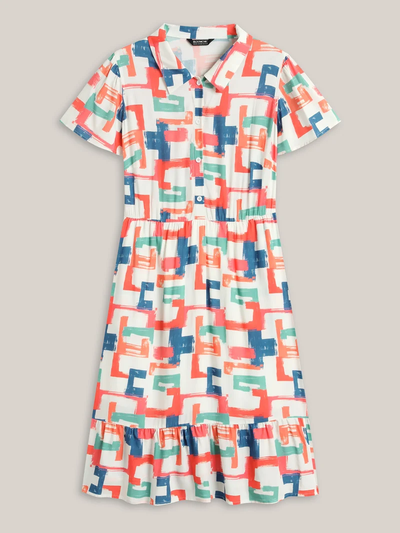 Color Puzzle Rayon Collar Midi Dress
