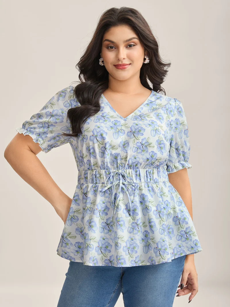 Breezy Floral Print Drawstring Babydoll Top