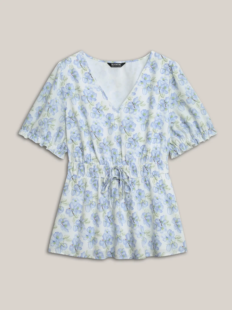 Breezy Floral Print Drawstring Babydoll Top