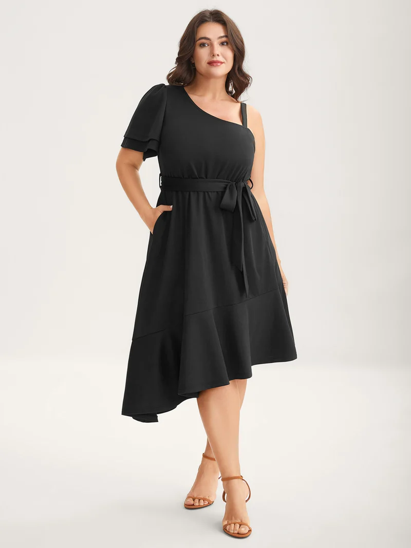 One-Shoulder Ruffled Belted Midi Dress