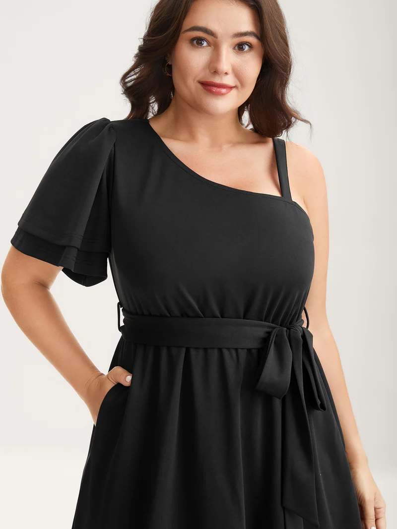 One-Shoulder Ruffled Belted Midi Dress