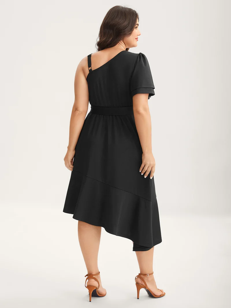 One-Shoulder Ruffled Belted Midi Dress