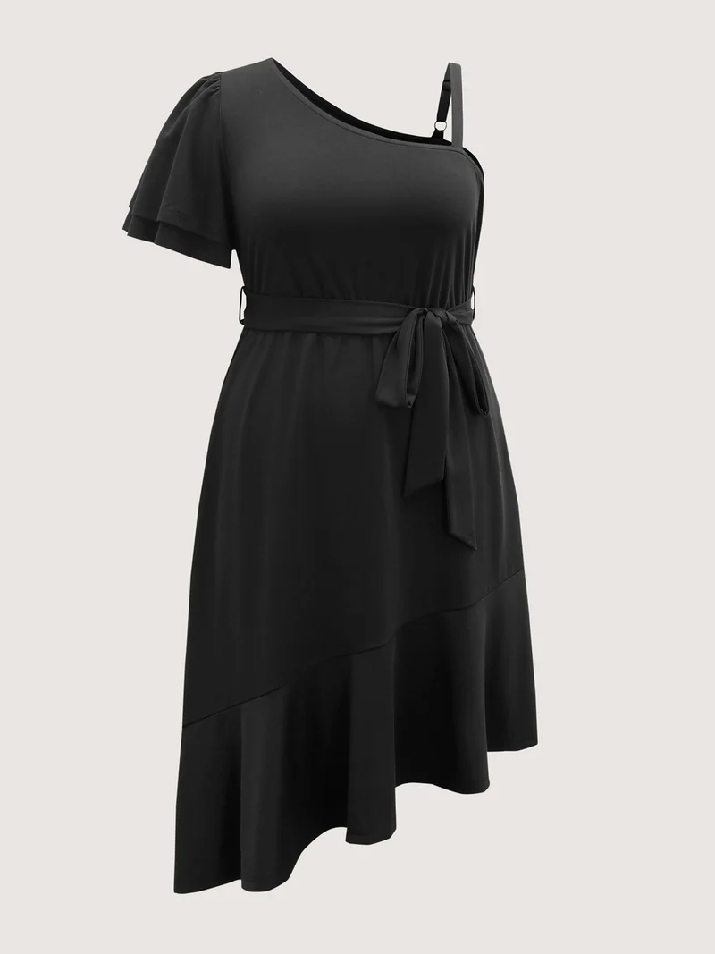 One-Shoulder Ruffled Belted Midi Dress