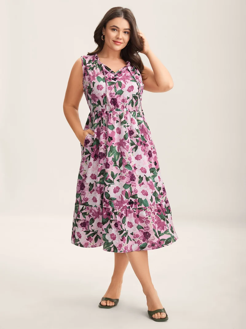 Floral Print Cinched-Waist Pockets Midi Dress