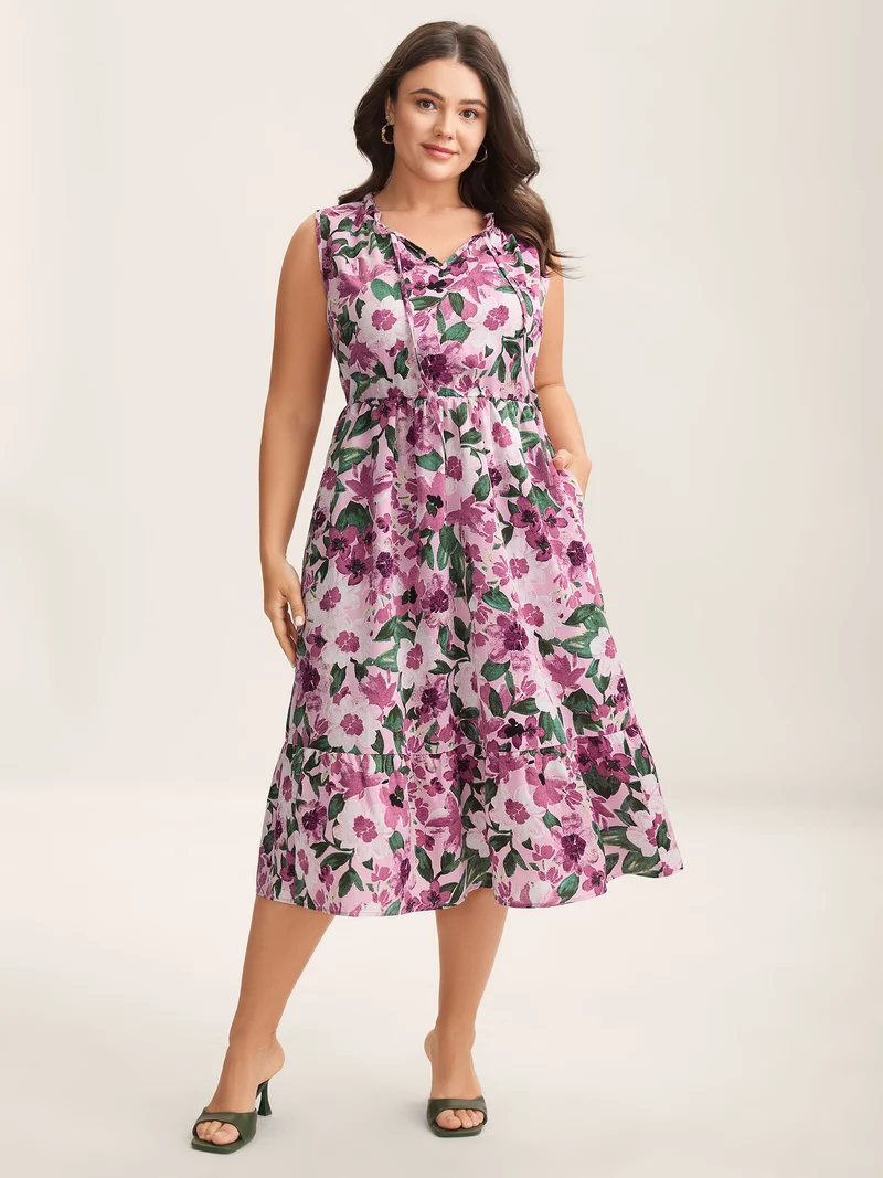 Floral Print Cinched-Waist Pockets Midi Dress