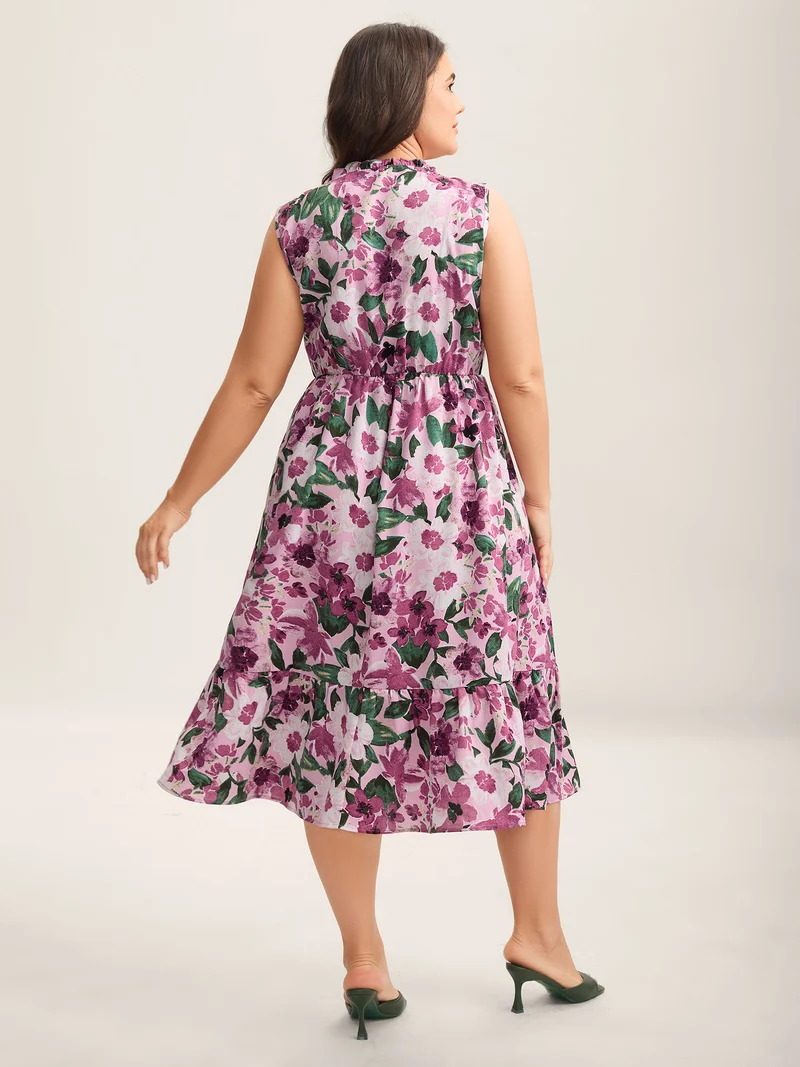 Floral Print Cinched-Waist Pockets Midi Dress