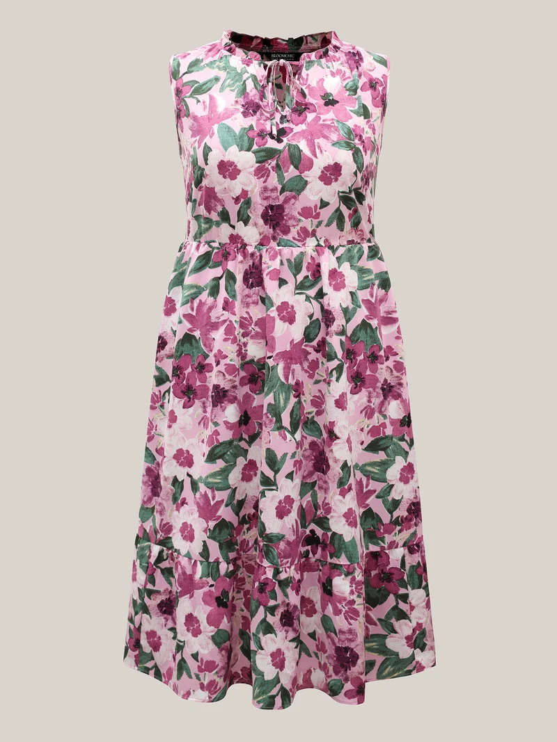 Floral Print Cinched-Waist Pockets Midi Dress