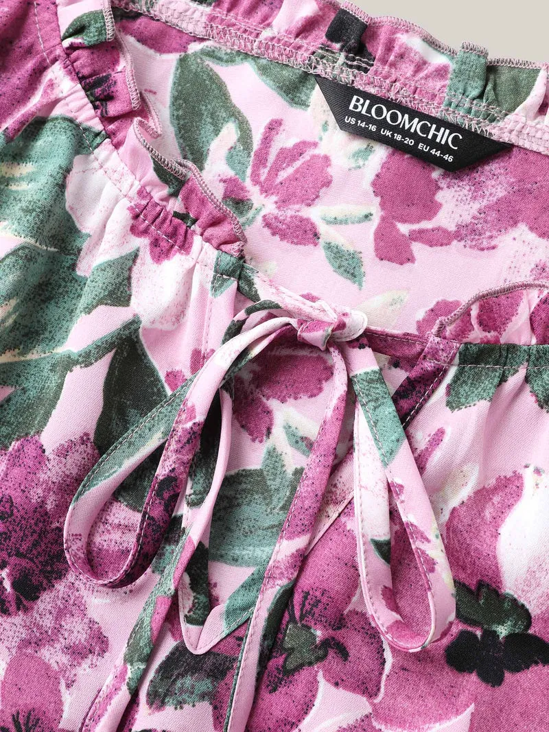 Floral Print Cinched-Waist Pockets Midi Dress