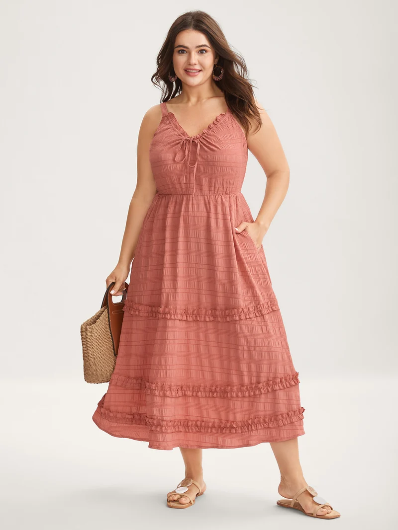 Textured Neck-Tie Layered Pockets Midi Dress
