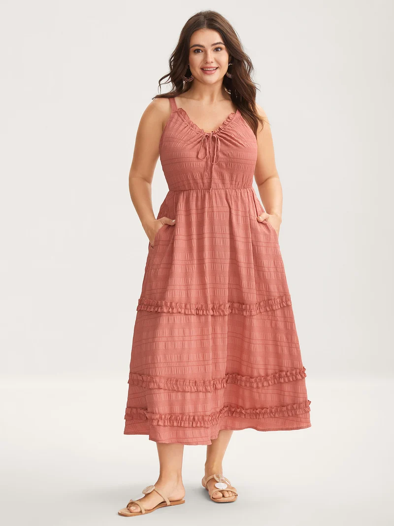 Textured Neck-Tie Layered Pockets Midi Dress