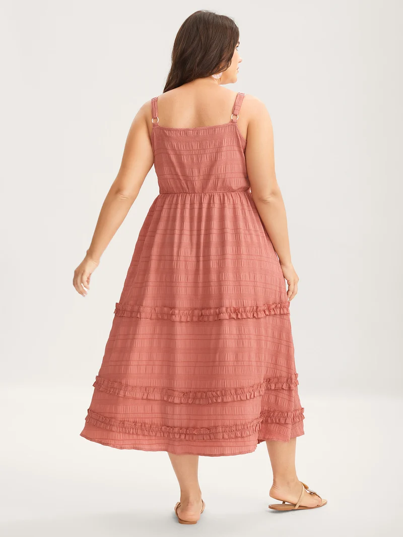 Textured Neck-Tie Layered Pockets Midi Dress