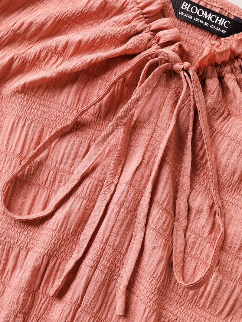 Textured Neck-Tie Layered Pockets Midi Dress