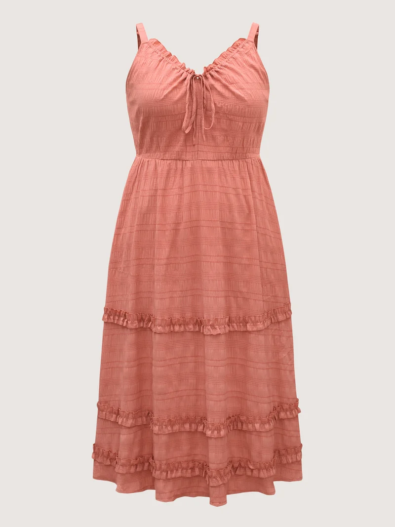 Textured Neck-Tie Layered Pockets Midi Dress