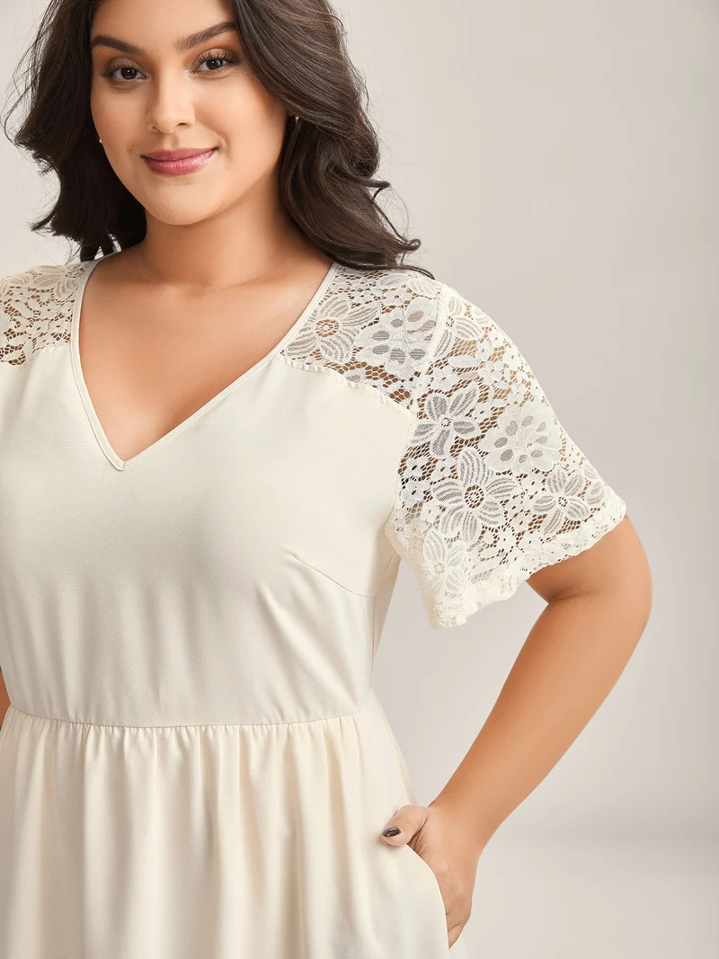 Sheer Lace Pockets Solid Midi Dress