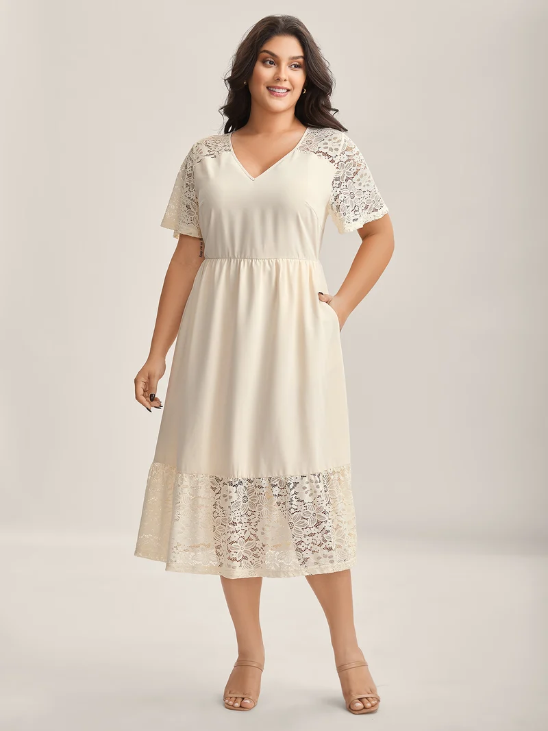 Sheer Lace Pockets Solid Midi Dress