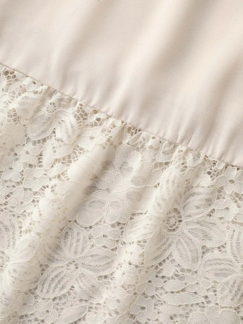 Sheer Lace Pockets Solid Midi Dress