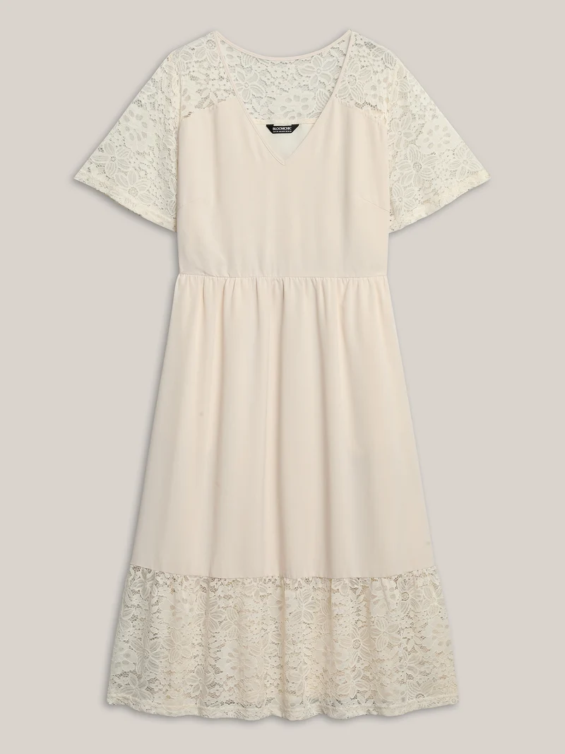 Sheer Lace Pockets Solid Midi Dress