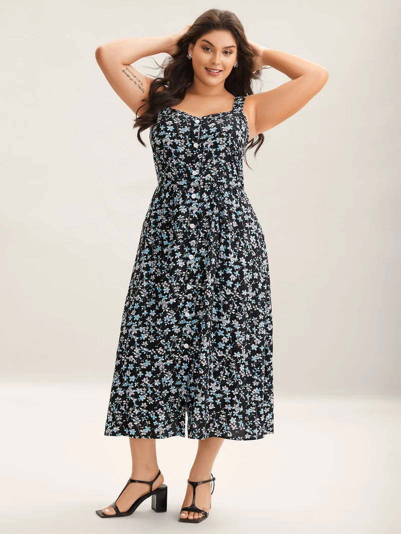 Floral Print Button Detail Sleeveless Pockets Midi Dress